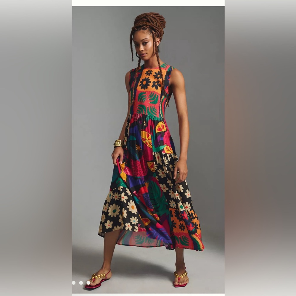FARM RIO SLEEVELESS PATCHWORK PRINT DRESS